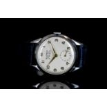 MID SIZE BUREN GRAND PRIX WATCH 251735,round, silver dial with gold hands, gold arabic markers,