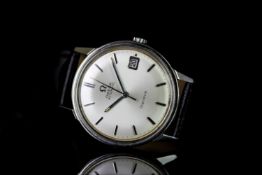 GENTLEMENS OMEGA GENEVE AUTOMATIC WRISTWATCH, circular silver dial with hour markers, date at 3 0'