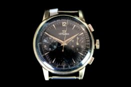 GENTLEMANS 18CT LEMANIA CHRONOGRAPH,HEAD ONLY, round, black dial with gold hands, and gold markers,