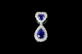 18CT WHITE GOLD SAPPHIRE AND DIAMOND HEART AND PEAR SHAPE DROP PENDANT, total weight 2.32 gms