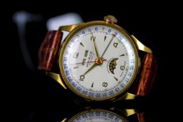 GENTLEMANS PIERCE MOONPHASE WATCH,round,silver dial with gold hands, gold arabic and baton