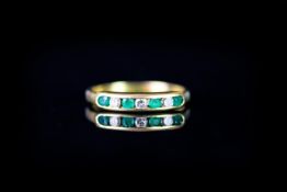 18CT EMERALD AND DIAMOND HALF ETERNITY RING, each stone estimated 0.01ct each, total weight 2.25gms,