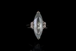 MARQUISE SHAPED AQUAMARINE AND DIAMOND RING,centre stone approx 20x7mm, with 2 diamond each side