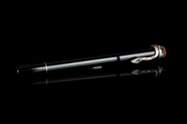 MONT BLANC SNAKE FOUNTAIN PEN, black resin and white metal, red mont blanc logo on cap top.