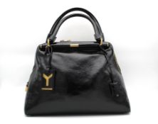 YSL shiny black, calf skin, tote bag, with gold hardware, comes with small padlock and 2 keys, has