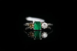 Emerald and diamond ring, set with 1 emerald and 1 round brilliant cut diamond, claw set, stamped