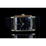 GENTLEMEN'S OMEGA 14CT GOLD FILLED WRISTWATCH REF. 6216, square gloss black dial with gold arrow