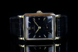 GENTLEMEN'S OMEGA 14CT GOLD FILLED WRISTWATCH REF. 6216, square gloss black dial with gold arrow