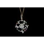 Vintage Diamond and multi gem floral pendant, circular design, central diamond set flower, set