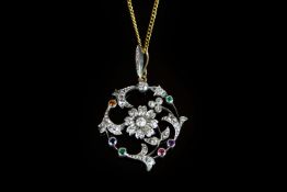 Vintage Diamond and multi gem floral pendant, circular design, central diamond set flower, set