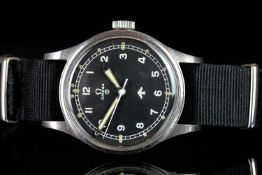 GENTLEMEN'S OMEGA MILITARY 6B WRISTWATCH CIRCA 1953 REF. 2777-1, circular black dial with patina