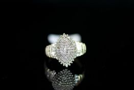 9CT PAVE DIAMOND CLUSTER RING WITH BAQUETTE SET SHOULDERS,total weight 3.9gms, size UK-N, US-7.5.
