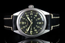 GENTLEMEN'S HAMILTON MILITARY KHAKI WRISTWATCH, circular black dial with triangle hour markers and