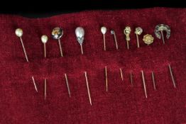 A GROUP OF 10 ANTIQUE STICK PINS, including sapphire and diamond horse , 2 diamond set, 4x pearl