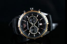 GENTLEMEN'S ARMANI CHRONOGRAPH AR 0584, black dial with illuminated hands, gold baton markers,