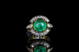 Vintage Emerald and diamond dress ring, central circular cabochon cut Emerald, 9.5mm diameter, round