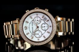 GENTLEMEN'S MICHAEL KORS CHRONOGRAPH, white dial with gold hands, white stone markers and bezel, ,