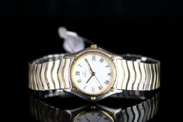 LADIES CLASSIC TWO TONE EBEL WAVE, round, white dial with gold hands, gold roman numeral markers,
