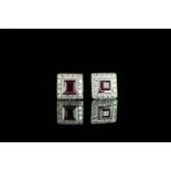 14CT WHITE GOLD RUBY AND DIAMOND STUD EARRINGS, centre stones estimated at 2.5 x 2.5mm , not