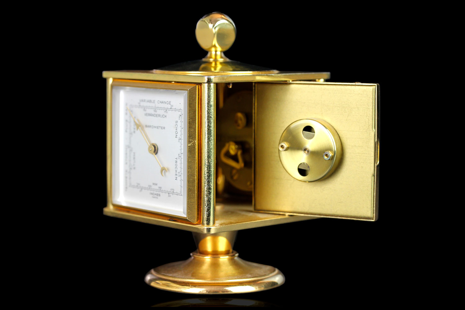 IMHOF Swiss desk clock, four sides with Time, Hygrometer, Barometer and Thermometer, gilt case - Image 7 of 7
