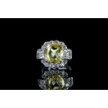 6.26ct Natural Yellow Sapphire and Diamond ring, 6.26ct cushion cut yellow sapphire, accompanied