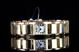 STUNNING 18K LADIES CARTIER TANKKISSIME MODEL 2829,square, gold dial with blue hands, black roman