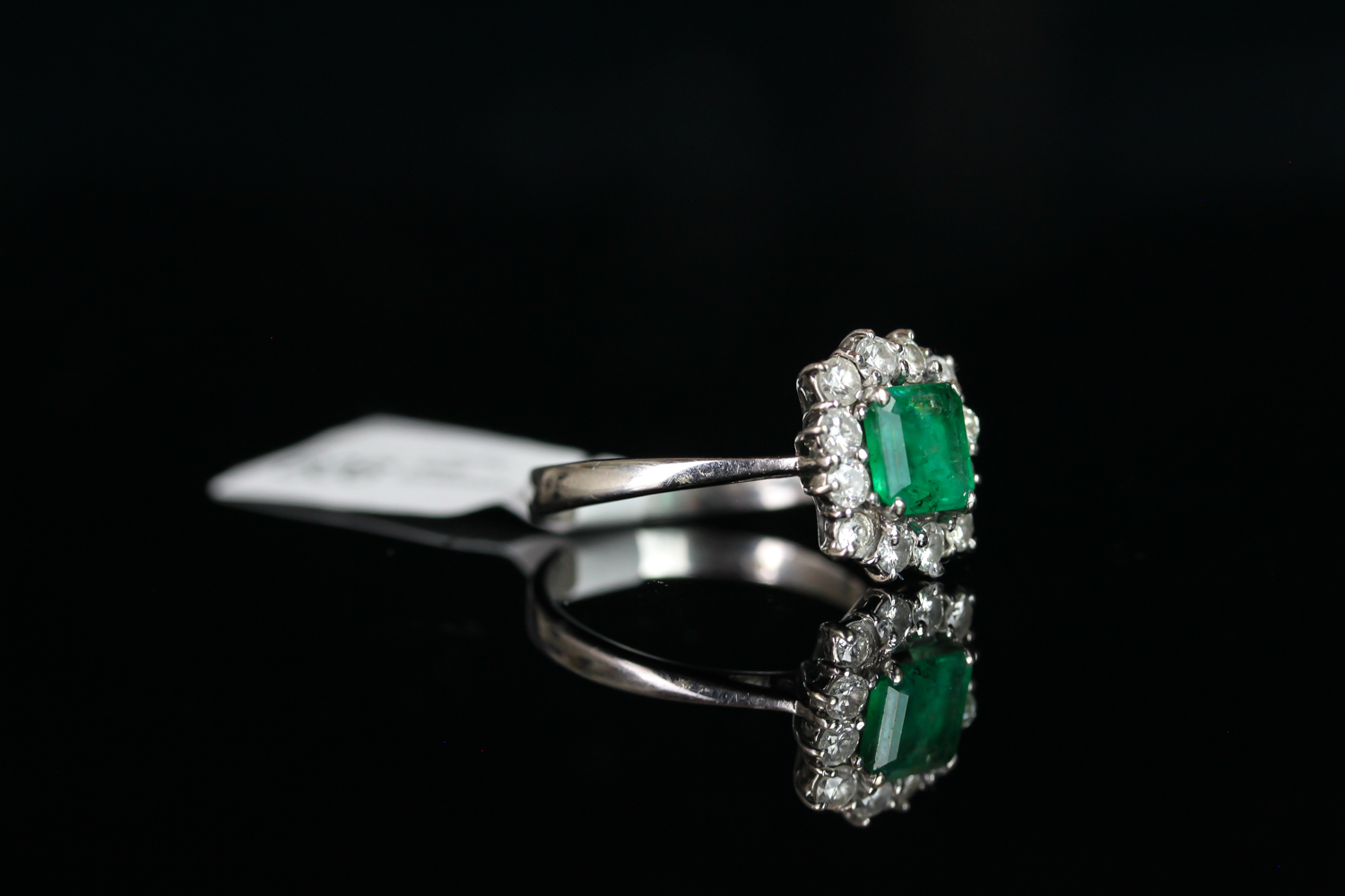 18CT WHITE GOLD EMERALD AND DIAMOND CLUSTER RING, emerald estimated 6.3x 6.4mm, hallmarked , ring - Image 2 of 3