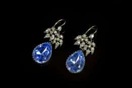 Silver and paste drop earrings, Victorian style mount, silver set white paste stones, large blue