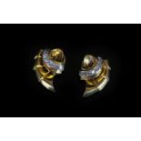Vintage diamond set shell earrings, shell design with a row of round cut diamonds, post and clip