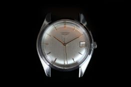 GENTLEMEN'S LONGINES DATE OVERSIZE WRISTWATCH REF. 8181, circular silver brushed dial with gold hour