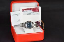 GENTLEMEN'S OMEGA GENEVE AUTOMATIC DYNAMIC DATE WRISTWATCH W/ BOX & SET OF CARDS, oval blue dial