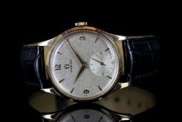 GENTLEMEN'S 9CT VINTAGE OMEGA CIRCA 1958, round, silver dial with gold hands, gold arabic and