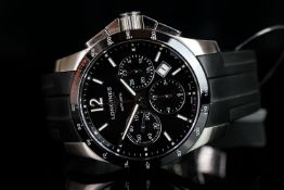 GENTLEMEN'S LONGINES CHRONOGRAPH L688.2, round, black dial with illuminated steel hands, silver