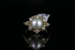 18CT MIKIMOTO AKOYA PEARL AND CLUSTER DIAMOND RING,pearl estimated 8mm, hallmarked, ring size