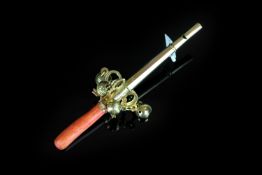 Victorain coral set rattle, rose gold, with whistle and bells, coral end, 13cm long, 30g gross,