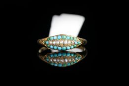 ANTIQUE SEED PEARL AND TURQUOISE RING, tested as 18ct un hallmarked, weight 2.4gms, size T 1/5.