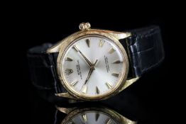 GENTLEMEN'S VINTAGE 18K ROLEX OYSTER PERPETUAL, round, silver dial and hands, gold markers, 30mm