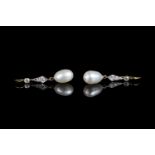 Pearl and diamond drop earrings, 13x8.5mm drop pearls, suspended from old and rose cut diamond set