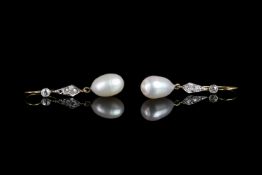Pearl and diamond drop earrings, 13x8.5mm drop pearls, suspended from old and rose cut diamond set