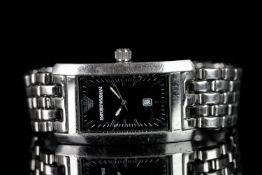 GENTLEMEN'S EMPORIO ARMANI oblong, black dial with silver hands, silver baton markers, date aperture