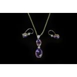 Victorian Amethyst and Old Cut Diamond necklace and earring set, two graduated Amethys suspended