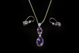 Victorian Amethyst and Old Cut Diamond necklace and earring set, two graduated Amethys suspended