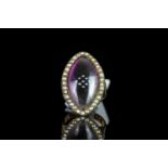 Georgian pearl and enamel marquise shaped panel ring, pearl set display to the centre of a 25x14mm