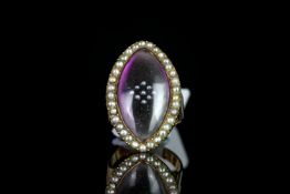 Georgian pearl and enamel marquise shaped panel ring, pearl set display to the centre of a 25x14mm