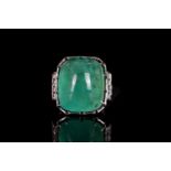 37ct Cabochon Cut Emerald and Diamond ring, central large Emerald Cabochon, 21.3x17.6x11.3mm,