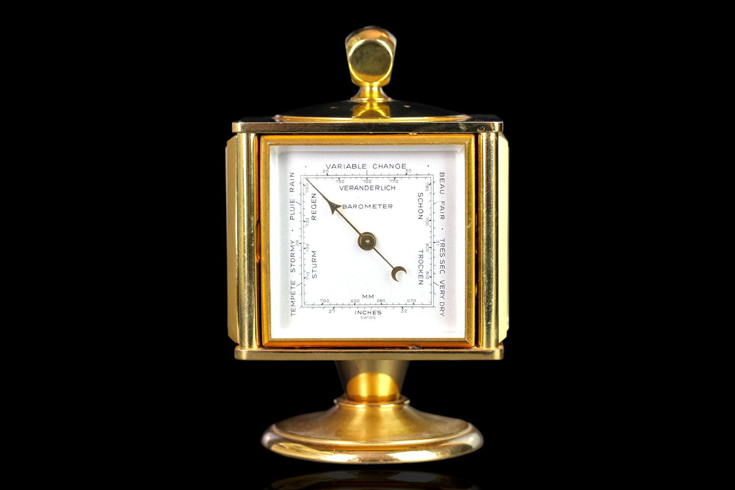 IMHOF Swiss desk clock, four sides with Time, Hygrometer, Barometer and Thermometer, gilt case - Image 3 of 7
