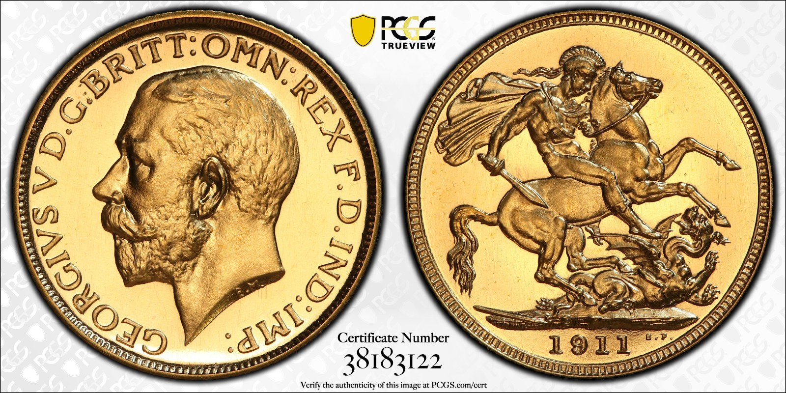 GREAT BRITAIN. George V, 1910-36. Sovereign, 1911, London, Proof. 7.99 g. S-3996; KM-820. In