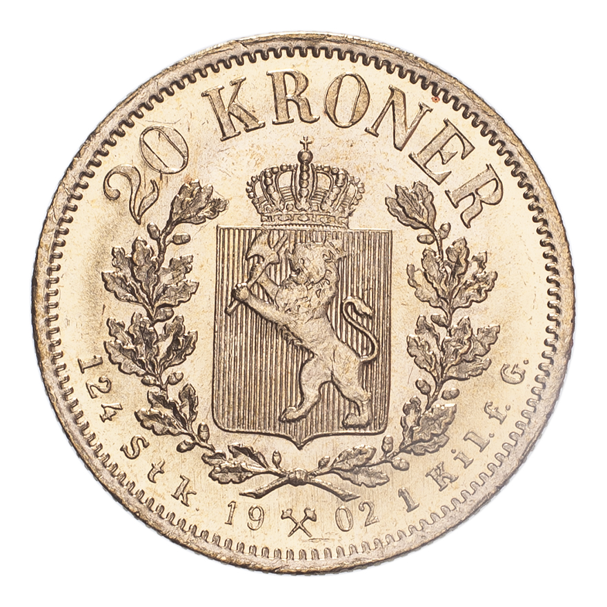 NORWAY. Oscar II. 20 Kroner, 1902, Kongsberg, 8.96 g. KM 355. Choice uncirculated. PLEASE NOTE: - Image 2 of 2