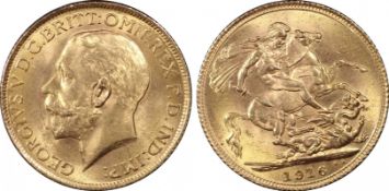 GREAT BRITAIN. George V, 1910-36. Sovereign, 1916, London, 7.99 g. Fr-404; KM-820; Marsh-218; S-