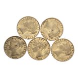 GREAT BRITAIN. Victoria, 1837-1901. Sovereign, 1840s, London, 5-coin lot. 7.99 g. Fr-387e; KM-736.1;